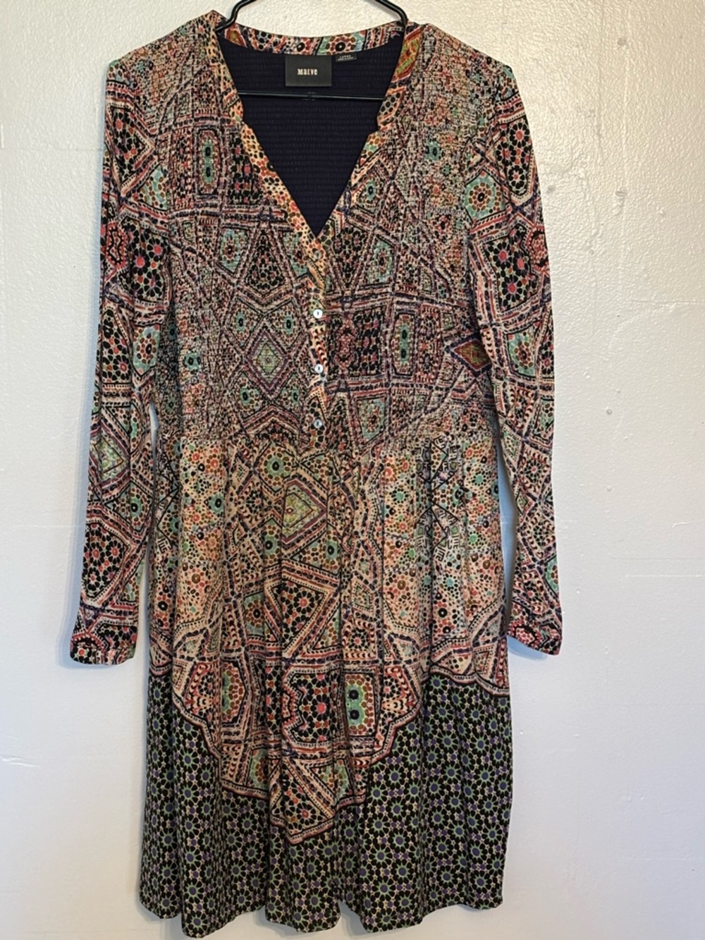 Maeve Multicolor Patterned V-Neck Long Sleeve Dress